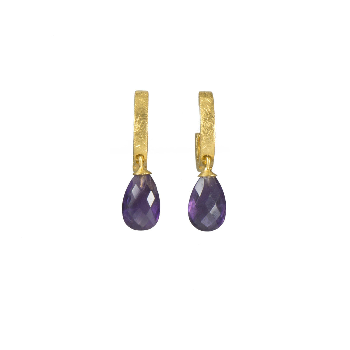 HUGGIE HOOP EARRINGS WITH A MATTE AMETHYST DROP FAIR TRADE 24K GOLD VERMEIL - Joyla Jewelry