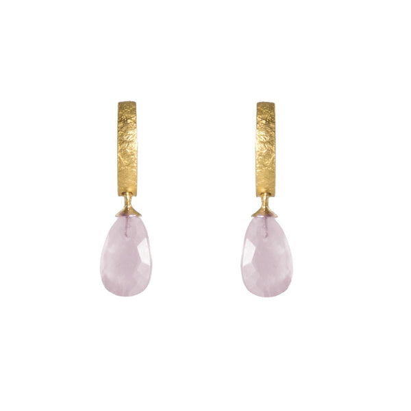 HUGGIE HOOP EARRINGS WITH A FACETED ROSE QUARTZ DROP FAIR TRADE 24K GOLD VERMEIL - Joyla Jewelry