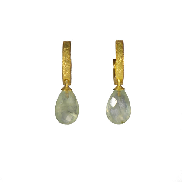 HUGGIE HOOP EARRINGS WITH A FACETED PREHNITE DROP FAIR TRADE 24K GOLD VERMEIL - Joyla Jewelry