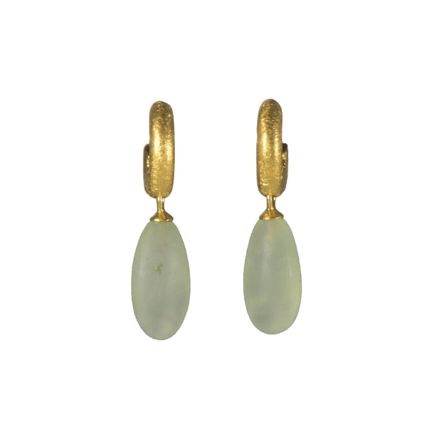 HUGGIE HOOP EARRINGS WITH A MATTE PREHNITE DROP FAIR TRADE 24K GOLD VERMEIL - Joyla Jewelry