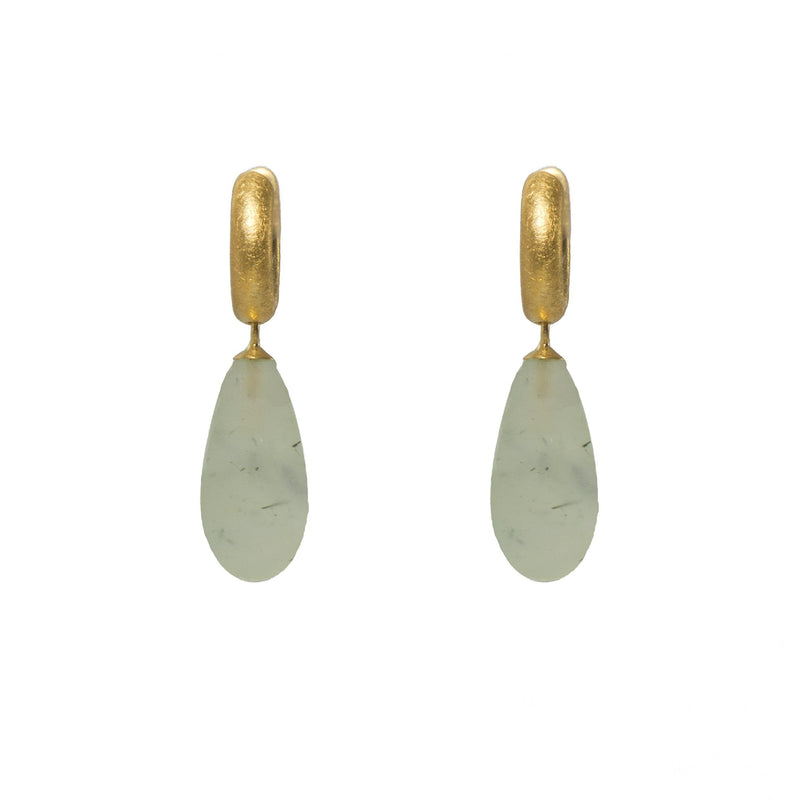 HUGGIE HOOP EARRINGS WITH A MATTE PREHNITE DROP FAIR TRADE 24K GOLD VERMEIL - Joyla Jewelry