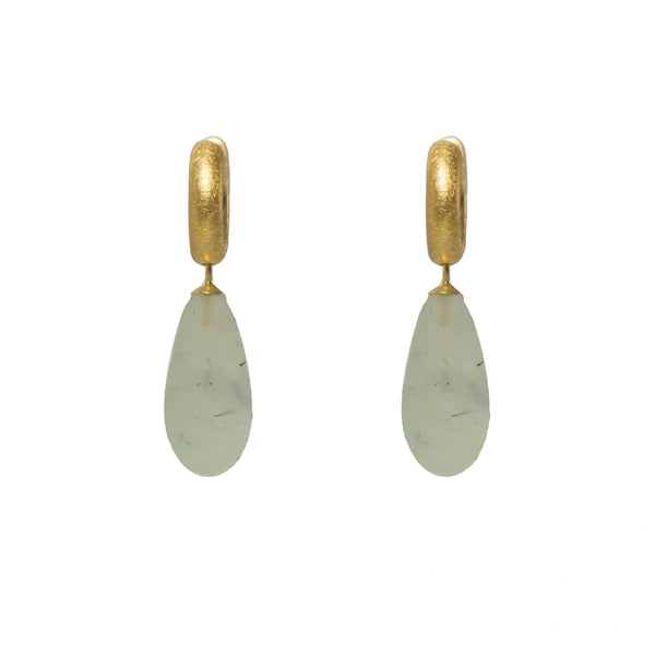 HUGGIE HOOP EARRINGS WITH A MATTE PREHNITE DROP FAIR TRADE 24K GOLD VERMEIL - Joyla Jewelry