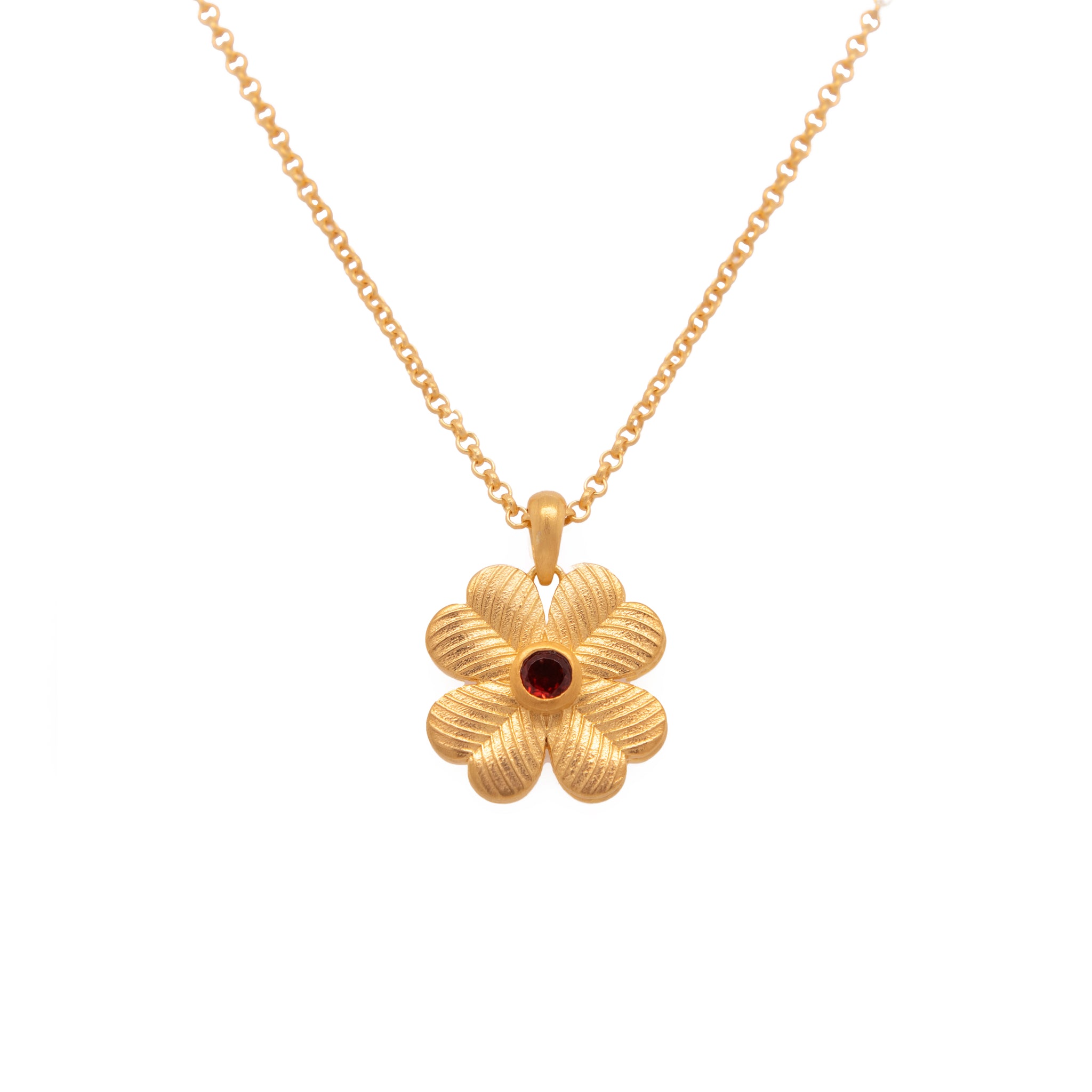 Lucky Clover Garnet Reversible Pendant Necklace 24K Gold Vermeil
