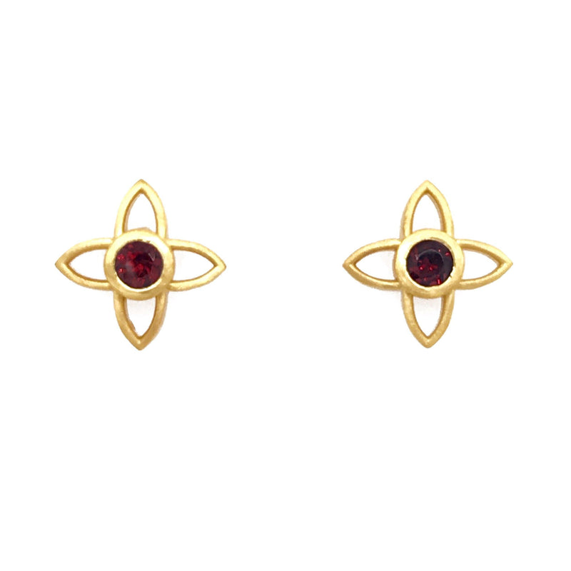 JOY FLOWER EARRINGS 15MM GARNET POST 24K GOLD VERMEIL - Joyla Jewelry