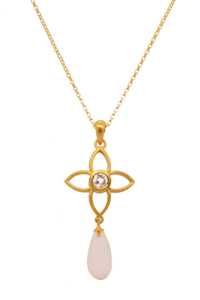 JOY FLOWER PENDANT 20MM WITH DROP ROSE QUARTZ MATTE 24K GOLD VERMEIL - Joyla Jewelry