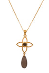 JOY FLOWER PENDANT 20MM WITH DROP SMOKY QUARTZ MATTE 24K GOLD VERMEIL - Joyla Jewelry