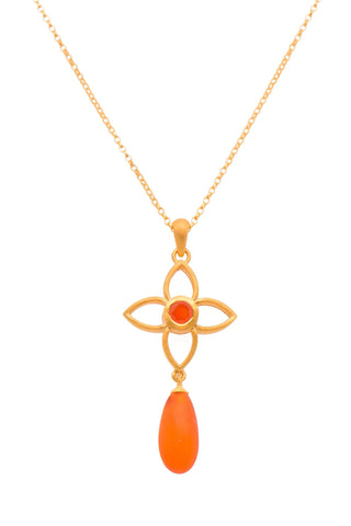 JOY FLOWER PENDANT 20MM WITH DROP CARNELIAN MATTE 24K GOLD VERMEIL - Joyla Jewelry