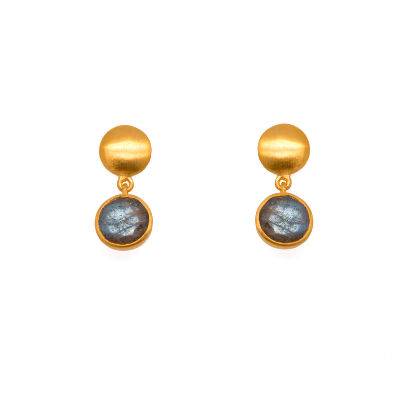 Moon Post Earrings with Drop Round Stone 24K Gold Vermeil