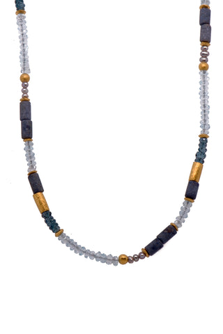 Matte Dumortierite, Blue Topaz, and Pearls 3mm Necklace and Bracelet Set Fair Trade 24K Gold Vermeil