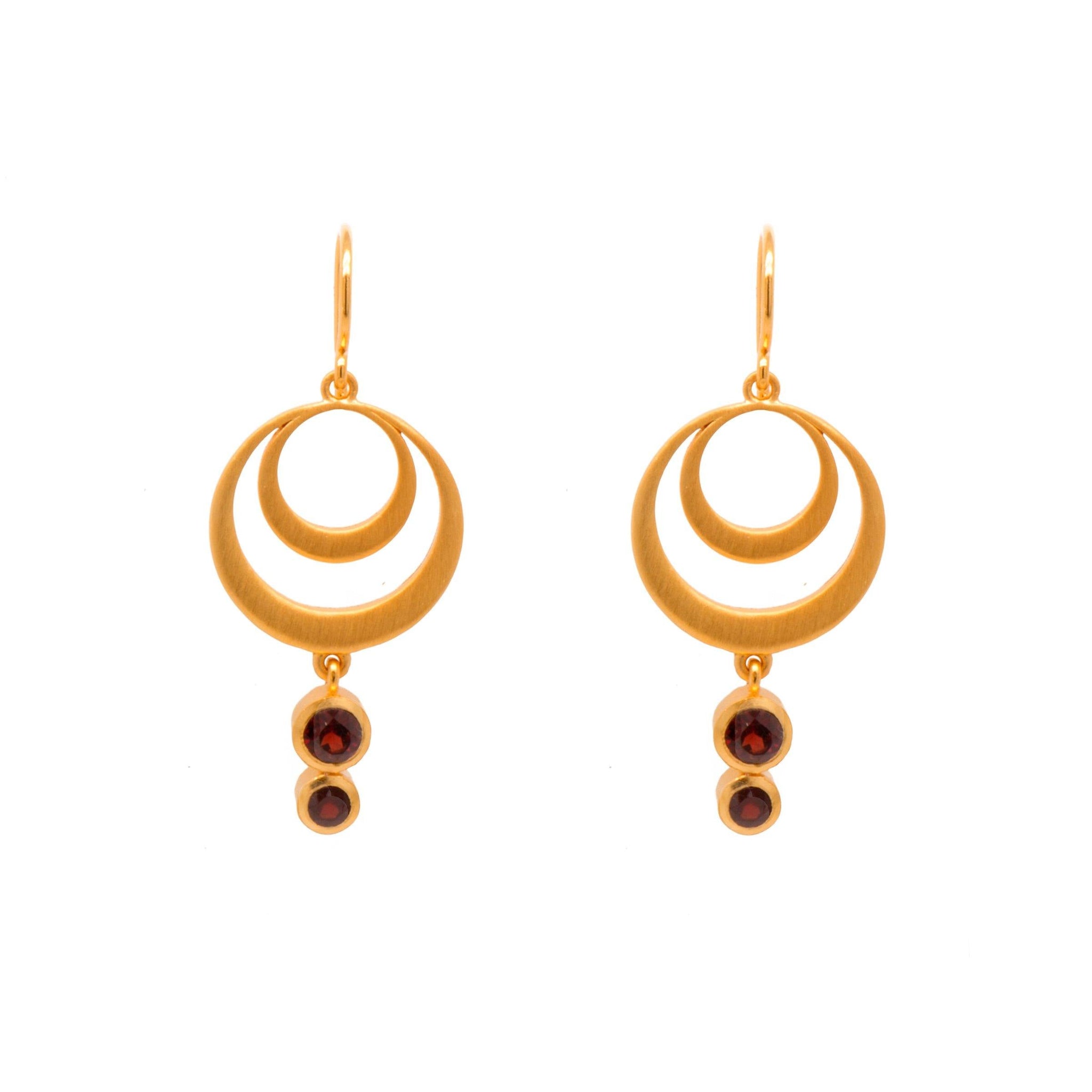 STRENGTH DOUBLE CIRCLE GARNET WIRE EARRINGS 24K GOLD VERMEIL - Joyla Jewelry