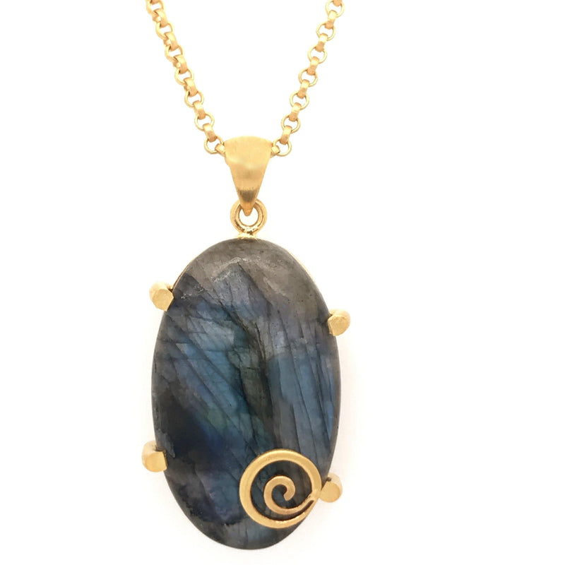 GRATITUDE SWIRL 4 PRONG LABRADORITE PENDANT FAIR TRADE 24K GOLD VERMEIL - Joyla Jewelry