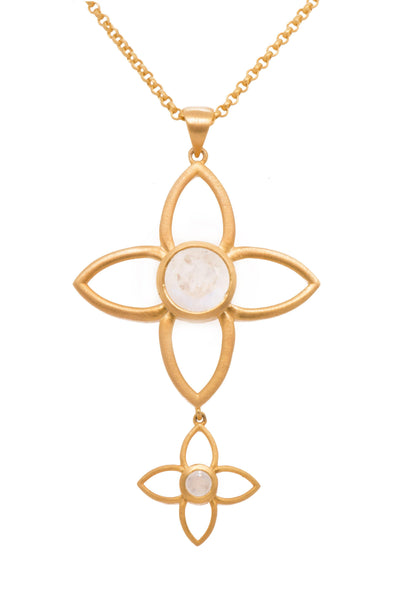 JOY FLOWER DOUBLE PENDANT 40MM AND 20MM RAINBOW MOONSTONE 24K GOLD VERMEIL - Joyla Jewelry