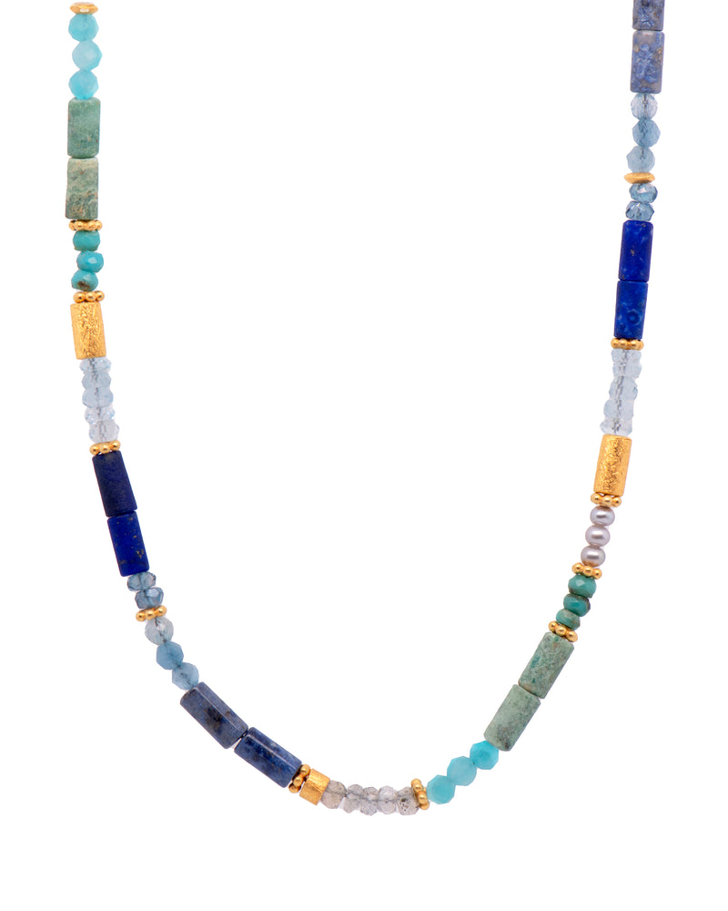 Turquoise, Pearls, Lapis, Zircon, Chrysocolla, Dumortierite, Labradorite, and Sky Blue Topaz Necklace and Bracelet 24K Fair Trade Gold Vermeil