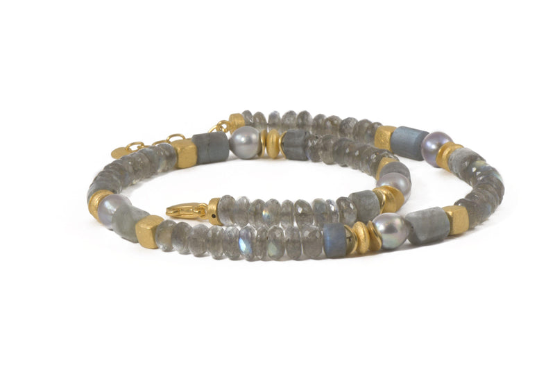 LABRADORITE & GREY PEARL NECKLACE 8MM FAIR TRADE 24K GOLD VERMEIL - Joyla Jewelry