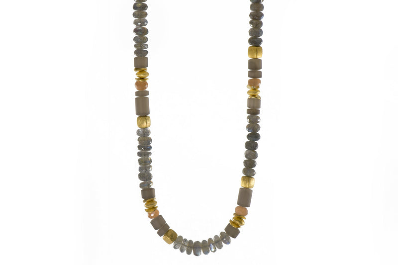 LABRADORITE, MOONSTONE & SMOKY QUARTZ 8MM NECKLACE FAIR TRADE 24K GOLD VERMEIL - Joyla Jewelry