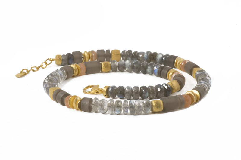 LABRADORITE, MOONSTONE & SMOKY QUARTZ 8MM NECKLACE FAIR TRADE 24K GOLD VERMEIL - Joyla Jewelry