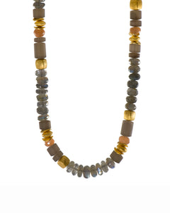 Labradorite, Peach Moonstone and Smoky Quartz Necklace 8mm 24K Fair Trade Gold Vermeil