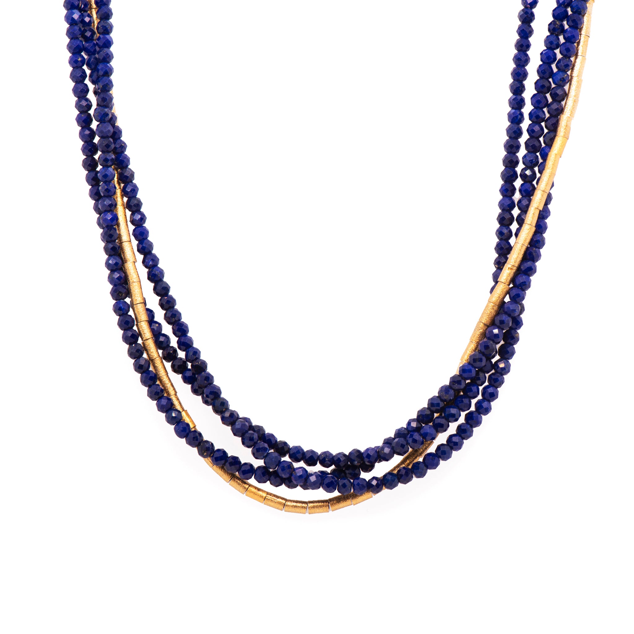 Multi Strand Lapis and Gold Tube Necklace 24K Fair Trade Gold Vermeil